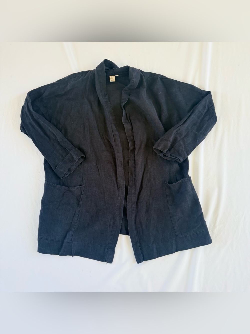 Old Linen Mill Cardigan Womens XS S Black 100% Linen Open Front Kimono Lagenlook